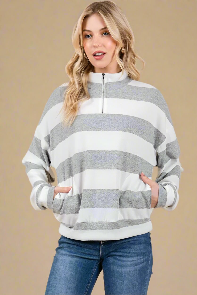 BOMBOM - Heather Gray Stripe Quarter - Zip Pullover Sweatshirt