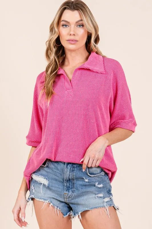 BOMBOM - Hot Pink Textured Knit Collared Half Sleeve Top