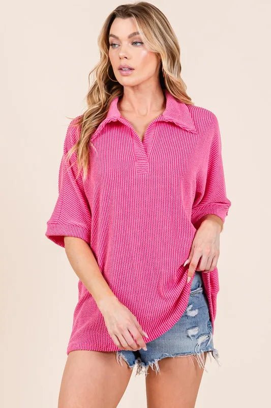 BOMBOM - Hot Pink Textured Knit Collared Half Sleeve Top