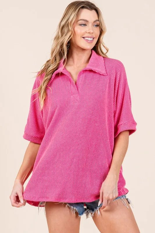 BOMBOM - Hot Pink Textured Knit Collared Half Sleeve Top