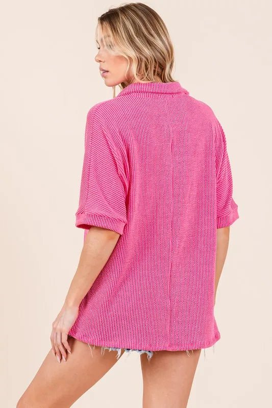 BOMBOM - Hot Pink Textured Knit Collared Half Sleeve Top