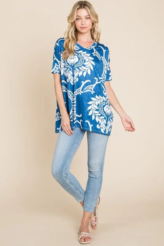 BOMBOM - Indigo Blue Floral Baroque V - Neck Tee