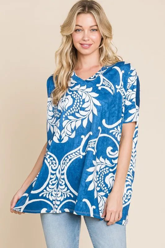 BOMBOM - Indigo Blue Floral Baroque V - Neck Tee