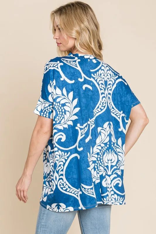 BOMBOM - Indigo Blue Floral Baroque V - Neck Tee