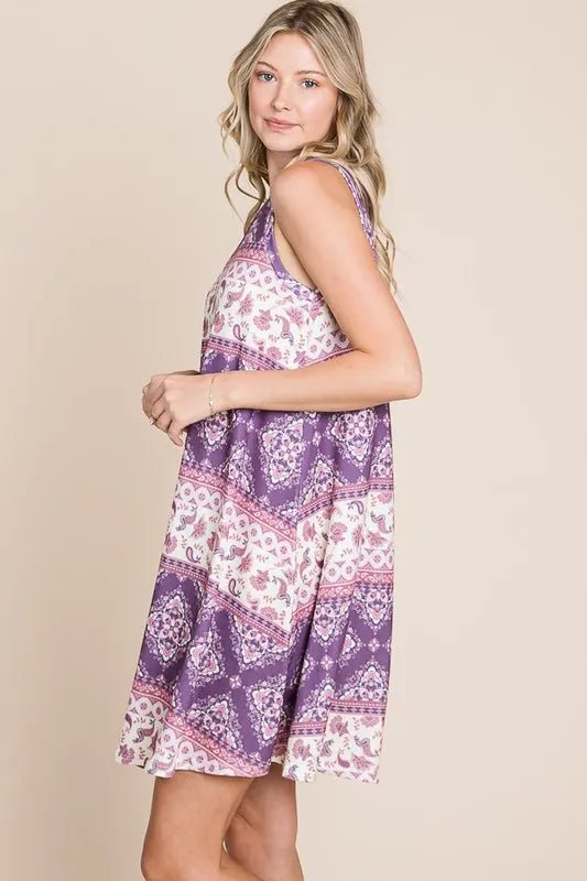BOMBOM - Lavender & Blush Boho Print Sleeveless Mini Dress