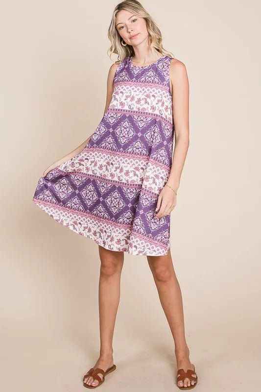 BOMBOM - Lavender & Blush Boho Print Sleeveless Mini Dress