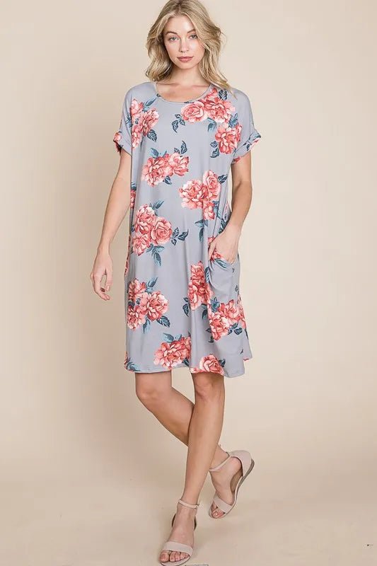 BOMBOM - Lavender Coral Floral Pocket Mini Dress