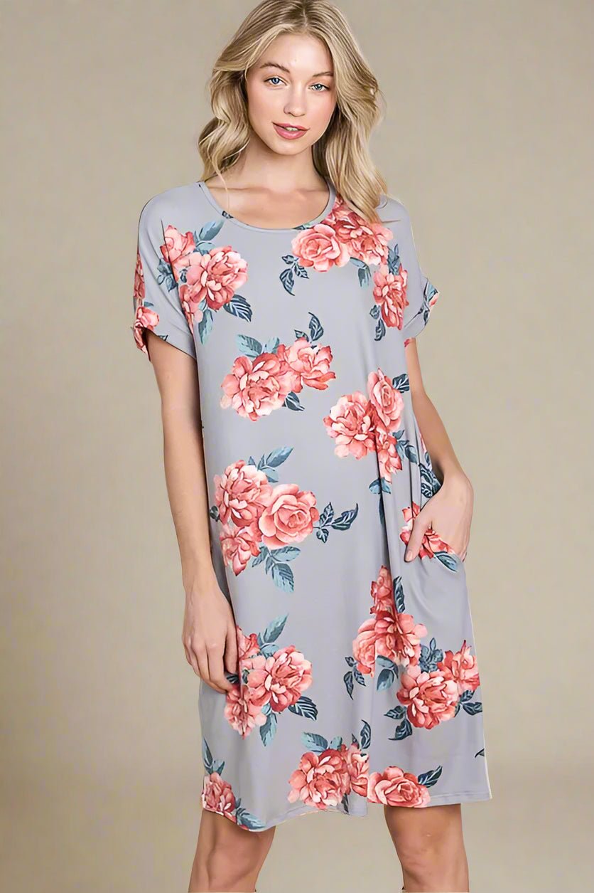 BOMBOM - Lavender Coral Floral Pocket Mini Dress