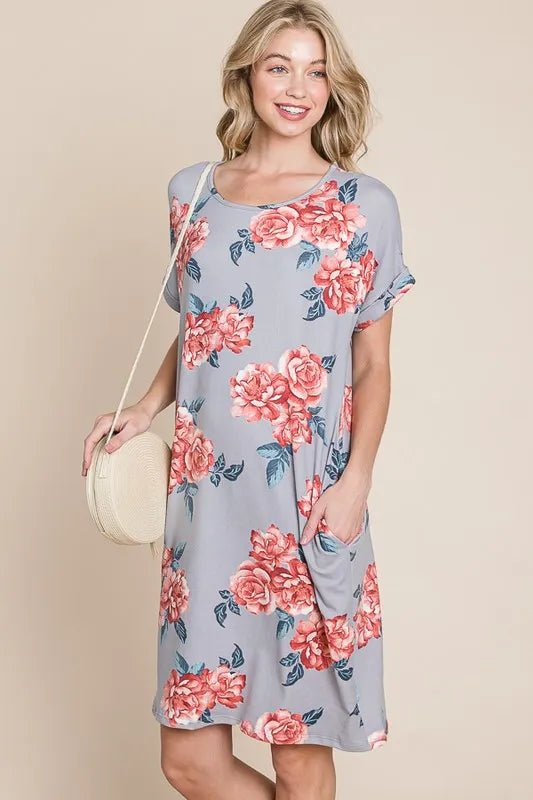 BOMBOM - Lavender Coral Floral Pocket Mini Dress