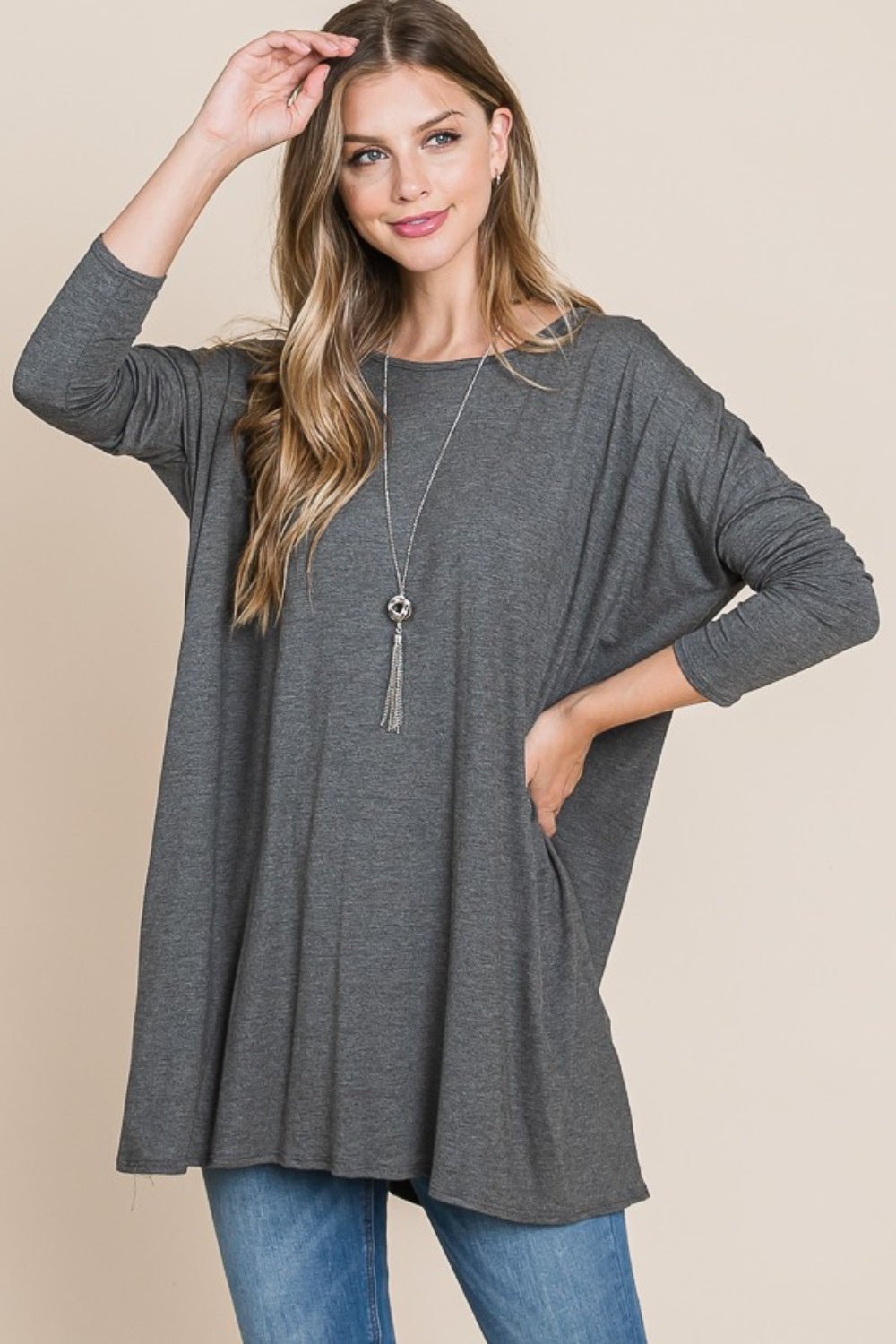 BOMBOM - Long Sleeve Oversized Top in Charcoal