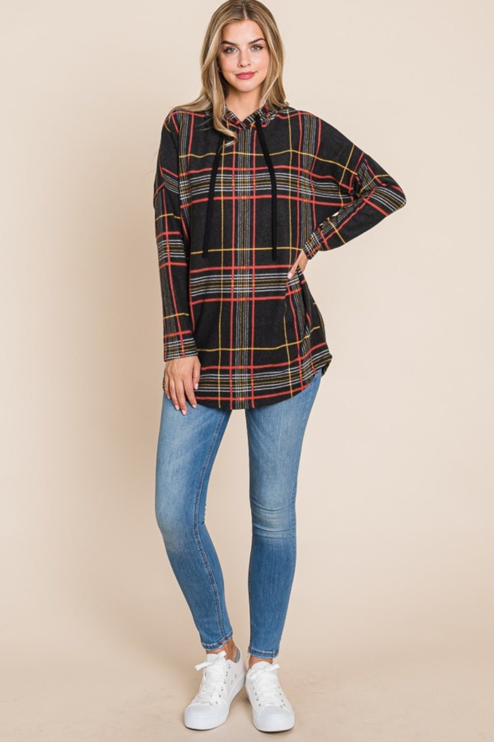 BOMBOM - Long Sleeve Plaid Hoodie in Black