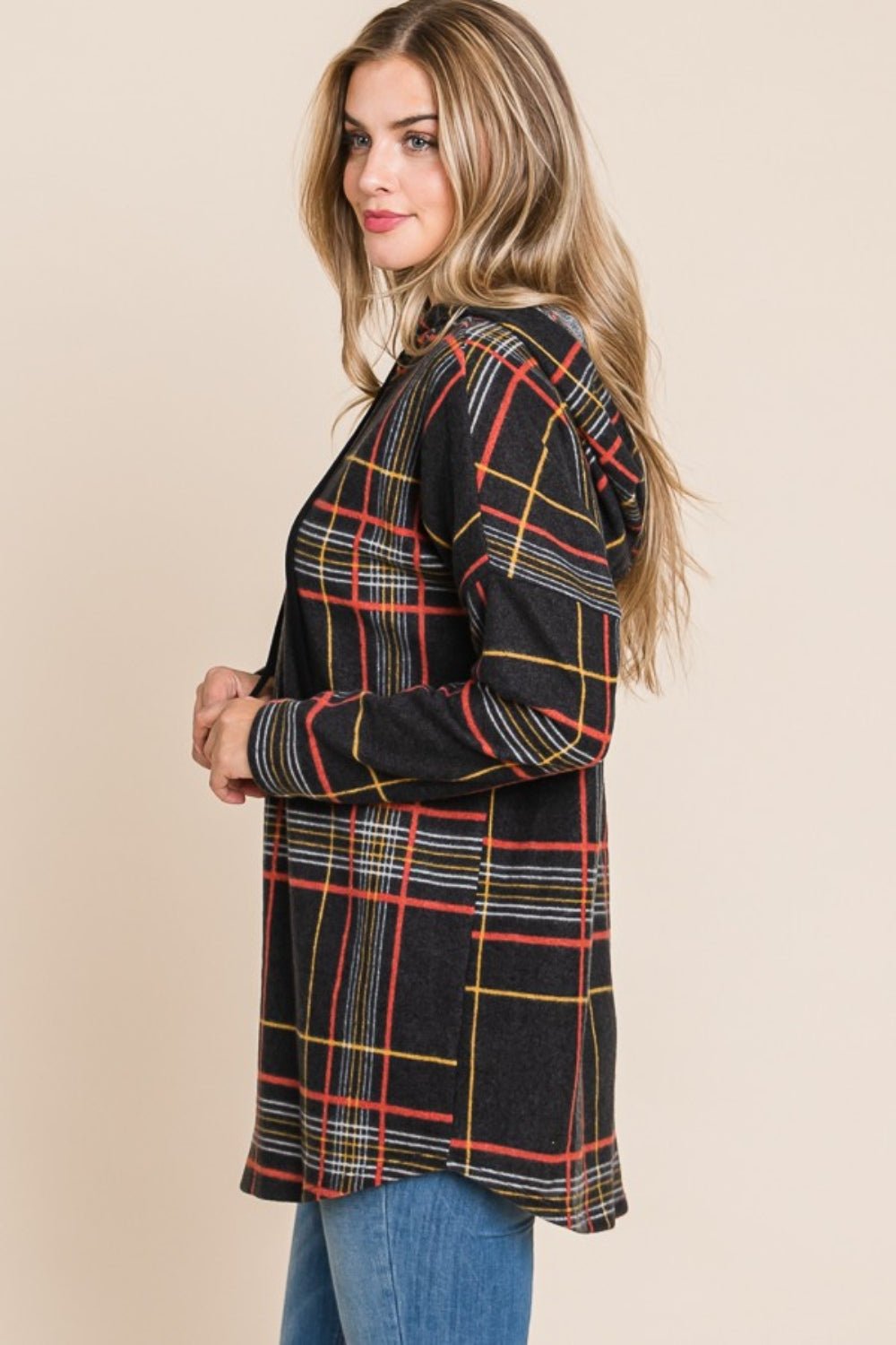 BOMBOM - Long Sleeve Plaid Hoodie in Black