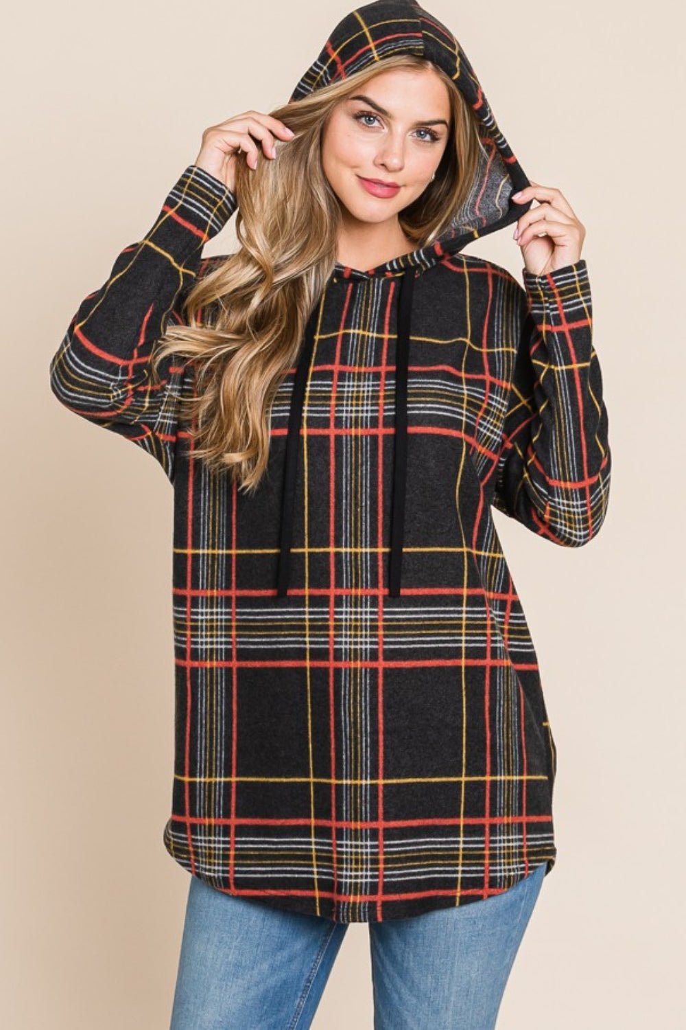 BOMBOM - Long Sleeve Plaid Hoodie in Black