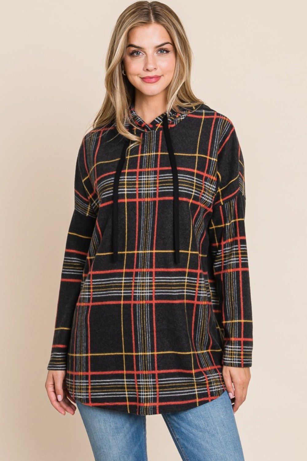 BOMBOM - Long Sleeve Plaid Hoodie in Black