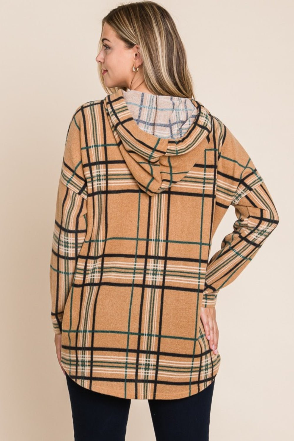 BOMBOM - Long Sleeve Plaid Hoodie in Taupe