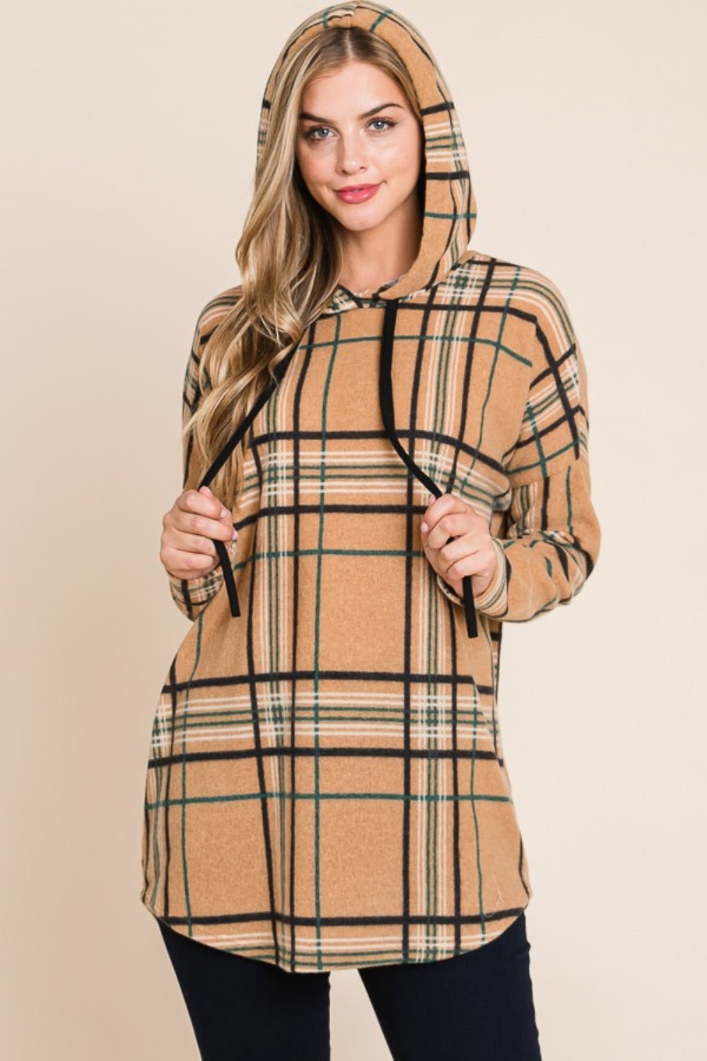 BOMBOM - Long Sleeve Plaid Hoodie in Taupe