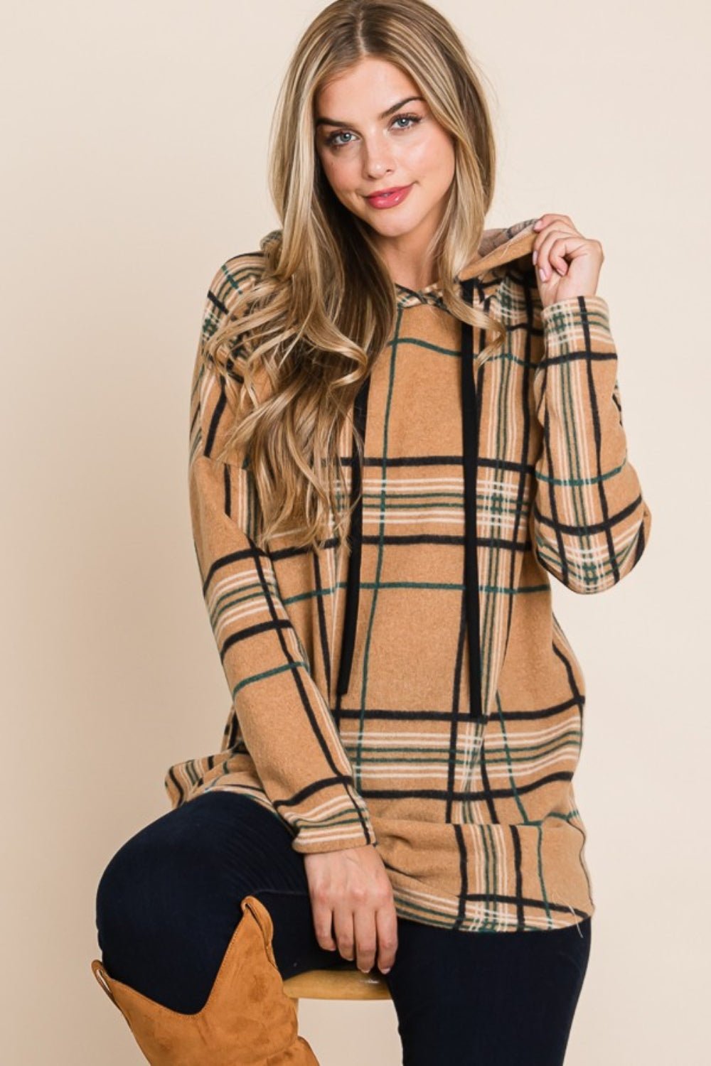 BOMBOM - Long Sleeve Plaid Hoodie in Taupe