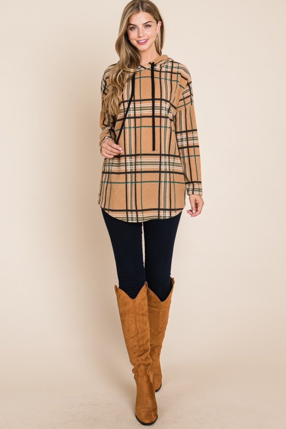 BOMBOM - Long Sleeve Plaid Hoodie in Taupe