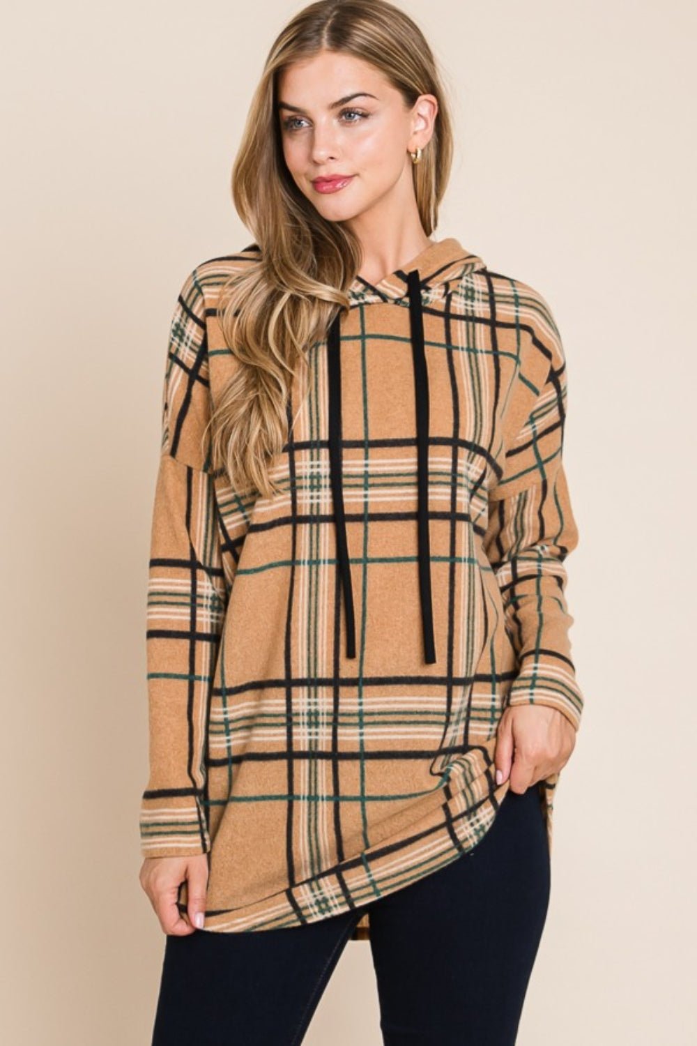 BOMBOM - Long Sleeve Plaid Hoodie in Taupe