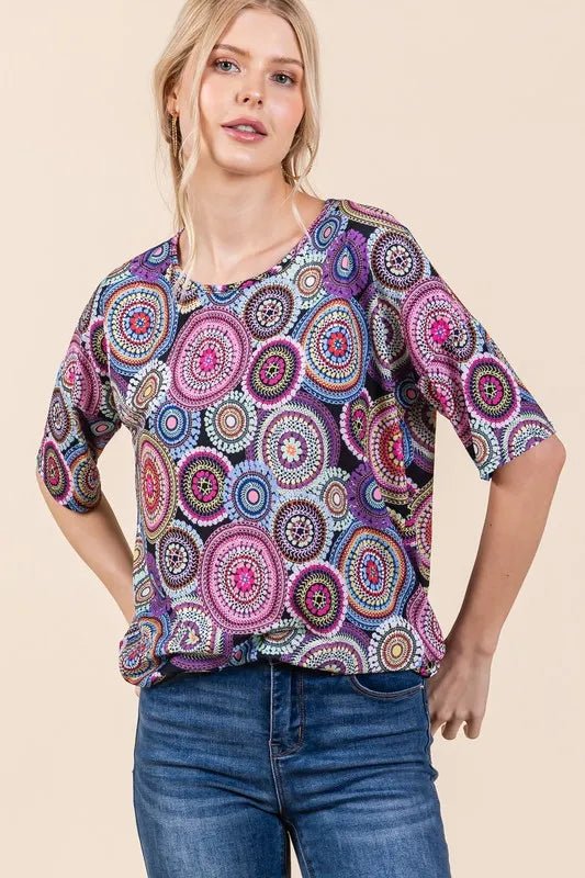BOMBOM - Mauve Boho Medallion Burst Knit Top