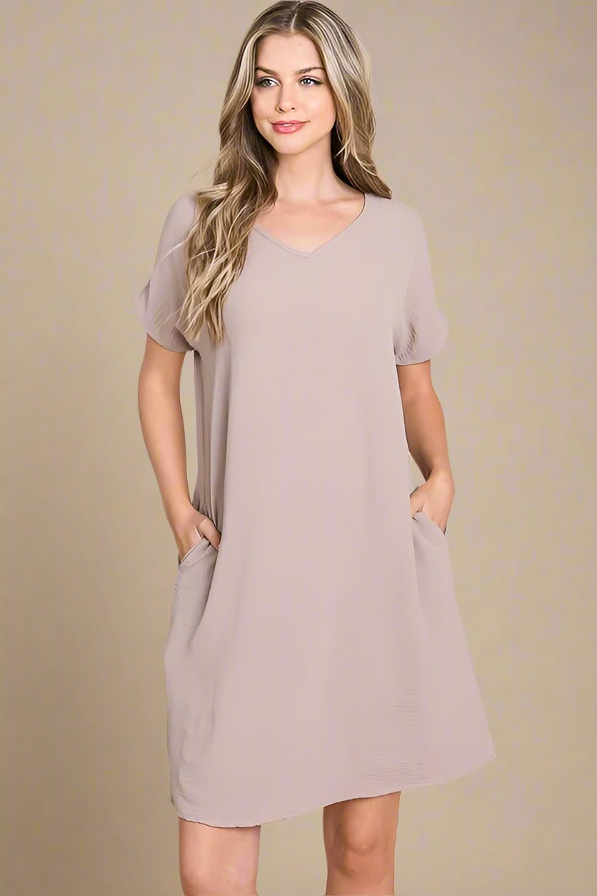 BOMBOM - Mocha V - Neck Pocket Mini Dress