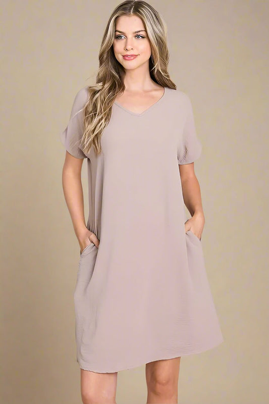 BOMBOM - Mocha V - Neck Pocket Mini Dress