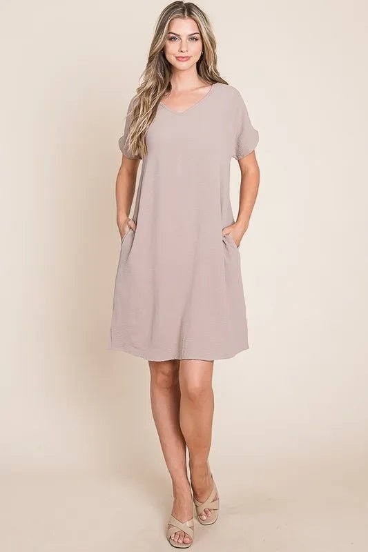 BOMBOM - Mocha V - Neck Pocket Mini Dress