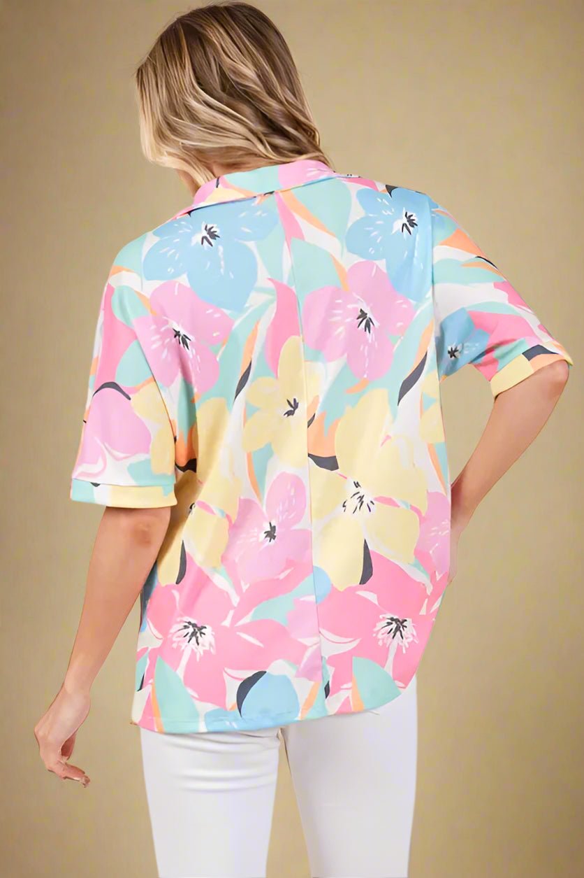 BOMBOM - Multicolor Tropical Pastel Floral Polo Top