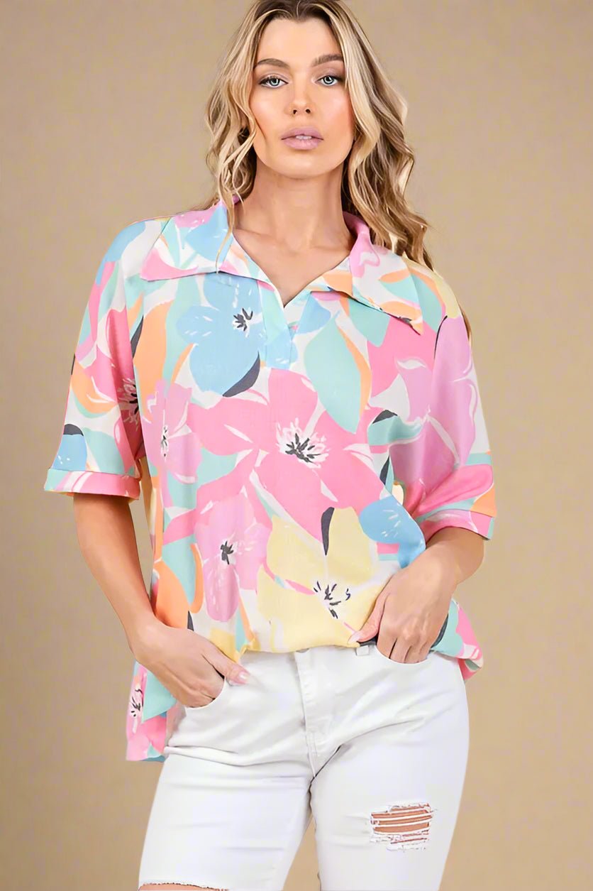 BOMBOM - Multicolor Tropical Pastel Floral Polo Top