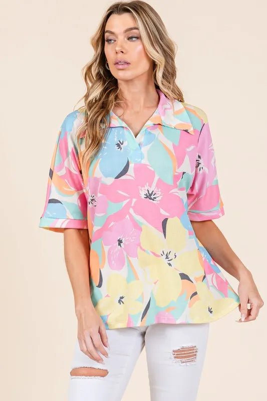 BOMBOM - Multicolor Tropical Pastel Floral Polo Top