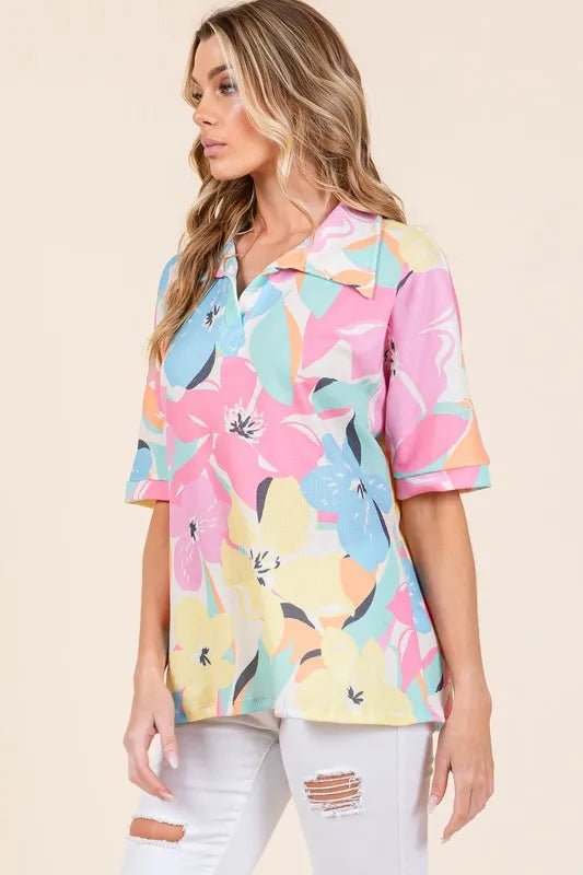 BOMBOM - Multicolor Tropical Pastel Floral Polo Top