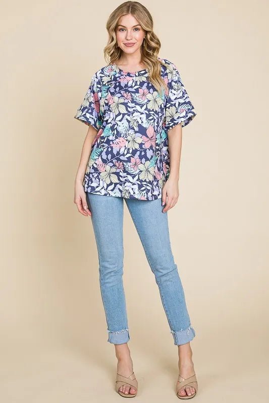 BOMBOM - Navy Tropical Floral Print Tee