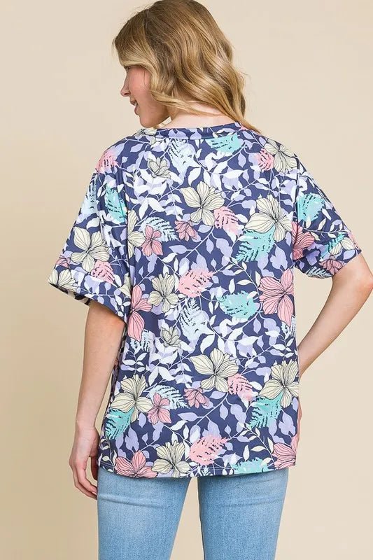 BOMBOM - Navy Tropical Floral Print Tee
