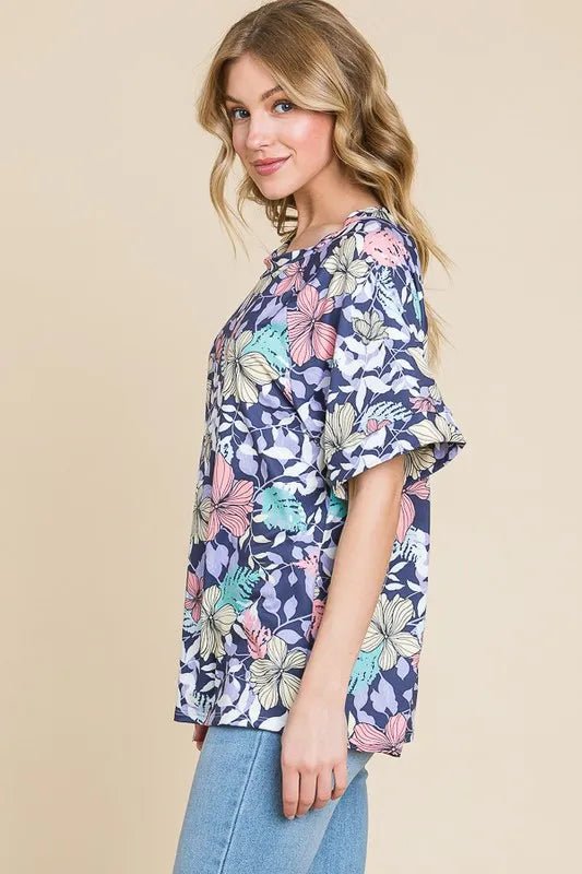 BOMBOM - Navy Tropical Floral Print Tee