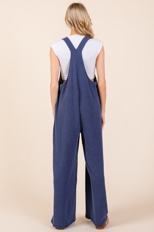 BOMBOM - Navy Wide Leg Rib Knit Overalls