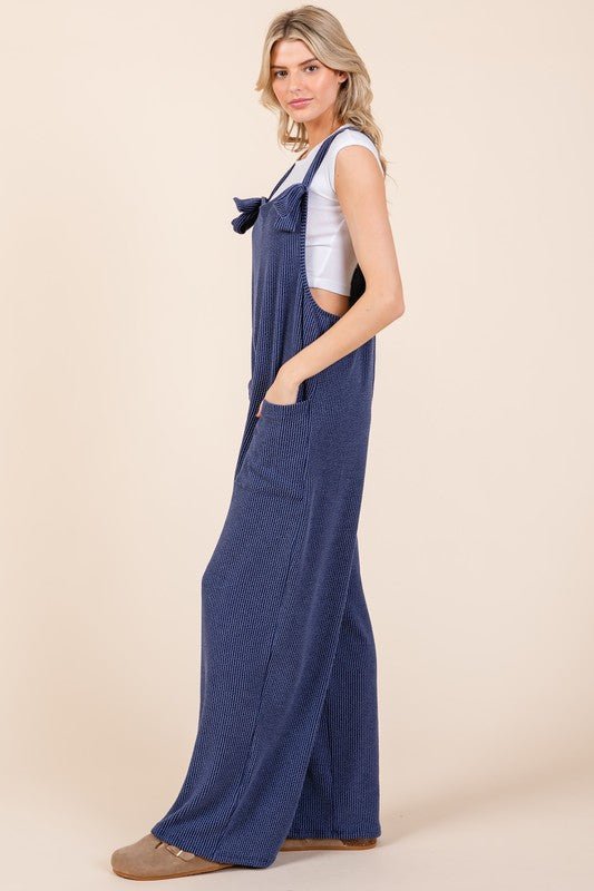 BOMBOM - Navy Wide Leg Rib Knit Overalls