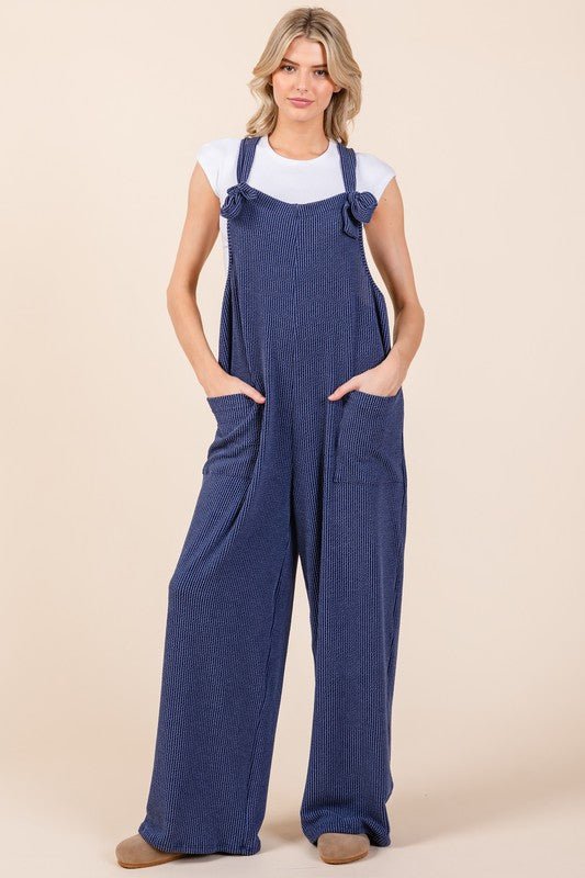 BOMBOM - Navy Wide Leg Rib Knit Overalls