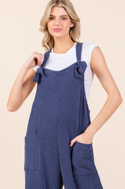 BOMBOM - Navy Wide Leg Rib Knit Overalls