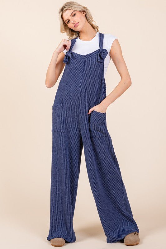 BOMBOM - Navy Wide Leg Rib Knit Overalls