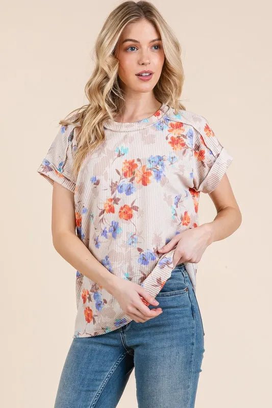 BOMBOM - Oatmeal Ribbed Tee – Orange & Blue Floral