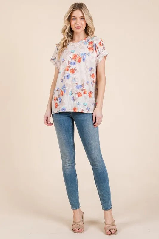 BOMBOM - Oatmeal Ribbed Tee – Orange & Blue Floral