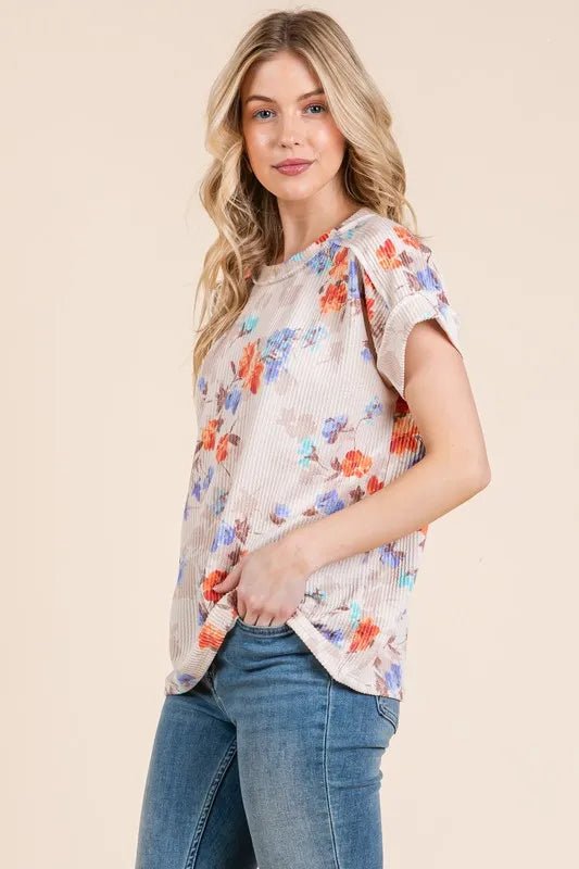 BOMBOM - Oatmeal Ribbed Tee – Orange & Blue Floral