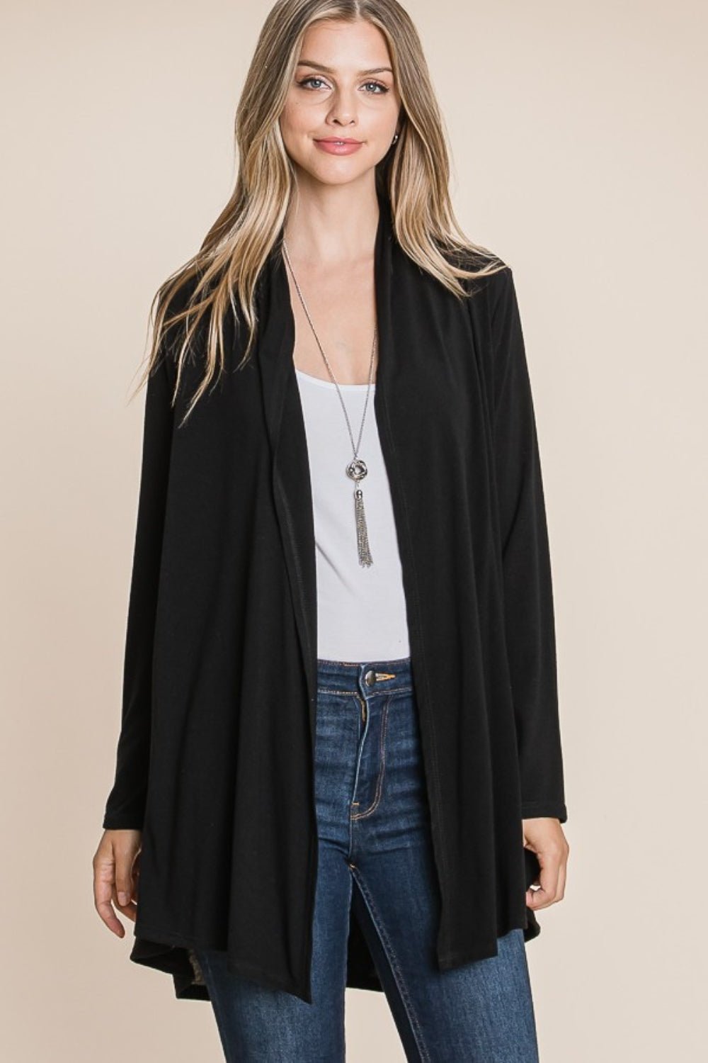 BOMBOM - Open Front Long Sleeve Cardigan in Black