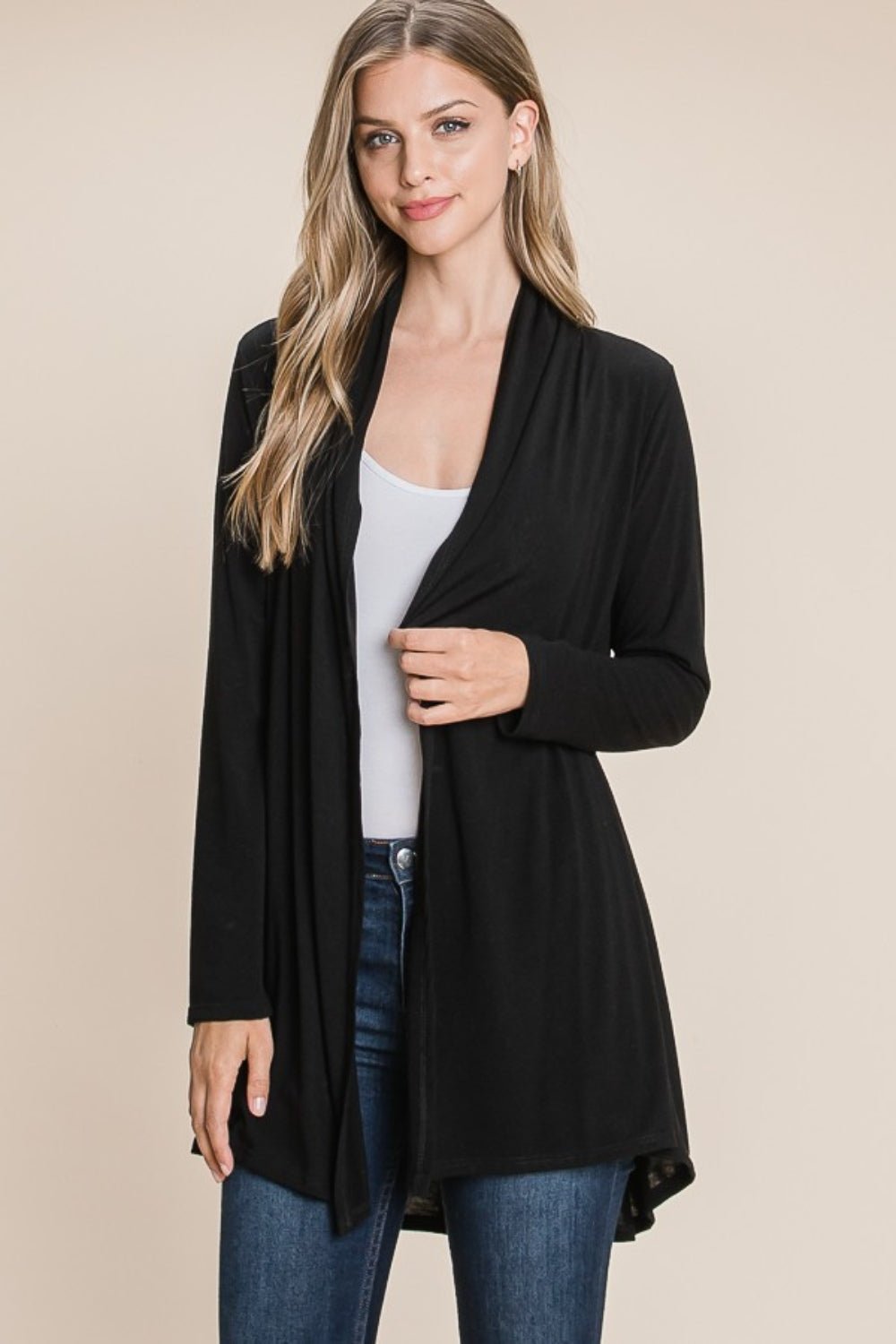 BOMBOM - Open Front Long Sleeve Cardigan in Black