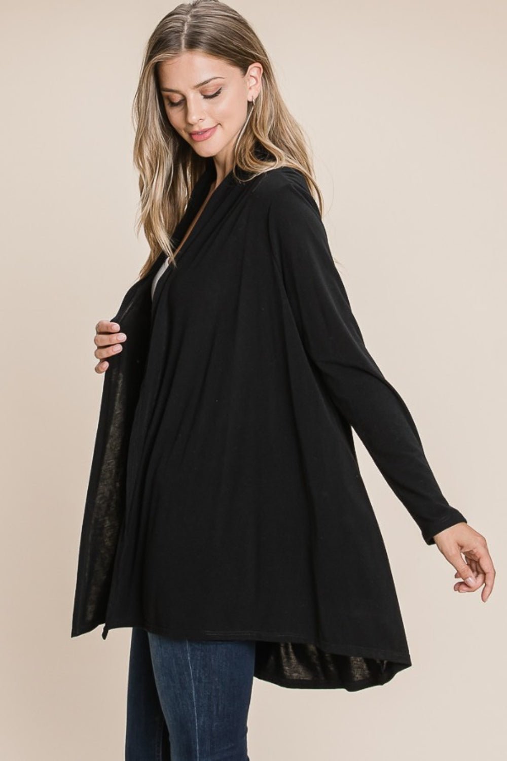 BOMBOM - Open Front Long Sleeve Cardigan in Black