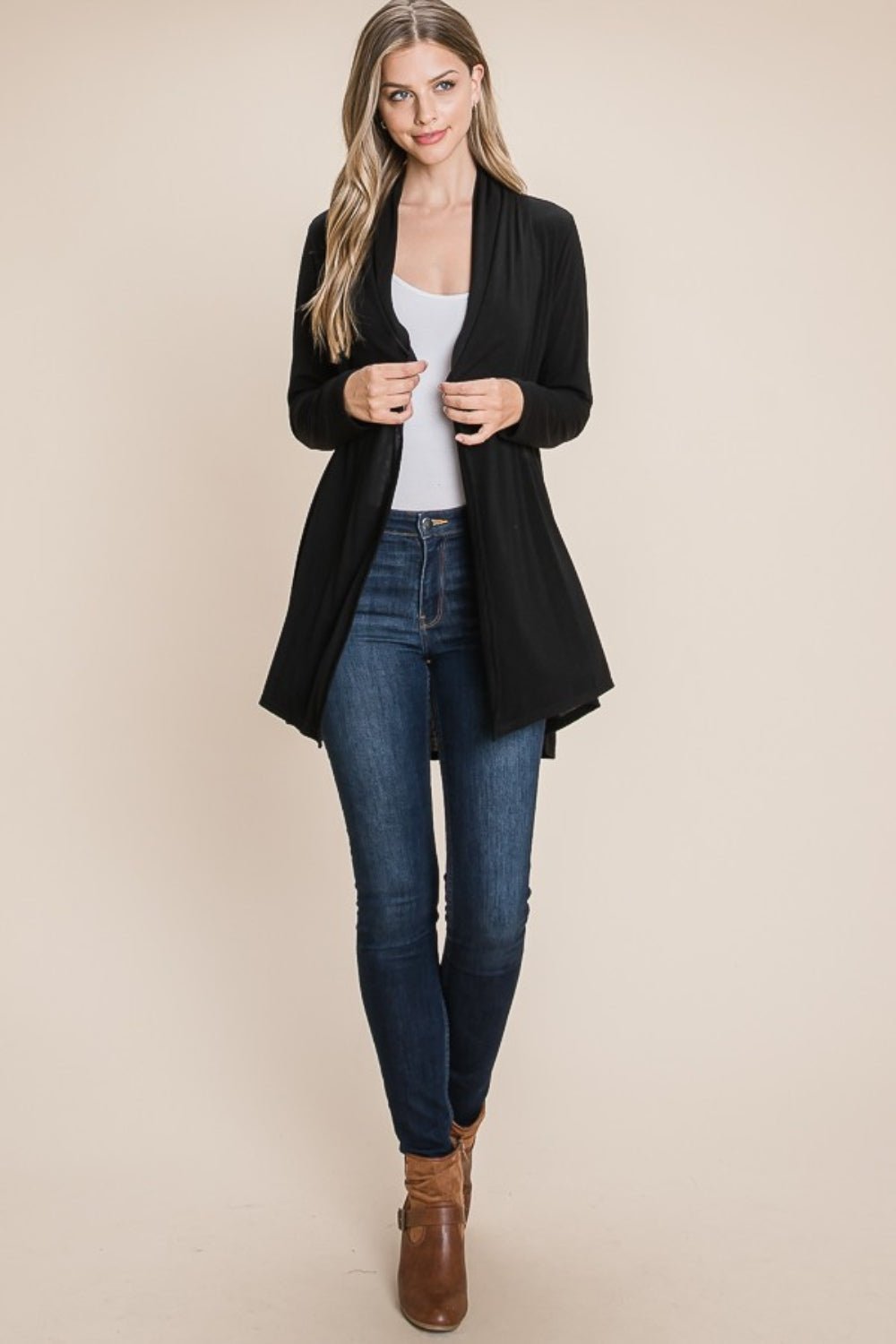 BOMBOM - Open Front Long Sleeve Cardigan in Black