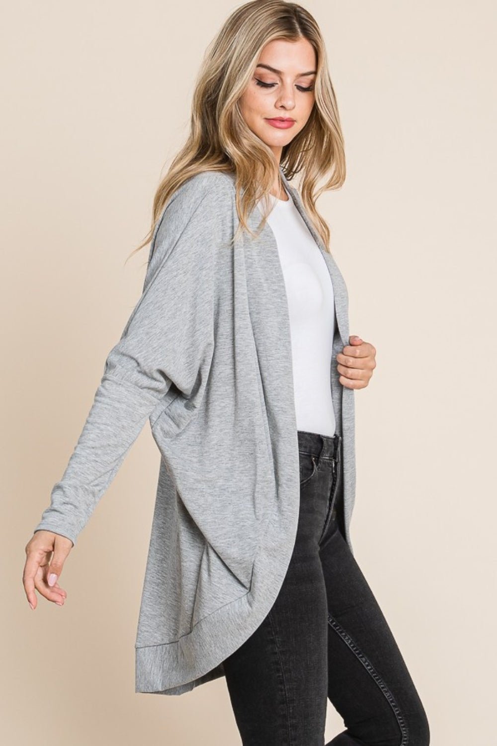 BOMBOM - Open Front Long Sleeve Cocoon Cardigan in Heather Gray