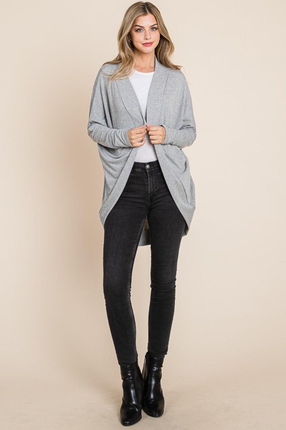 BOMBOM - Open Front Long Sleeve Cocoon Cardigan in Heather Gray