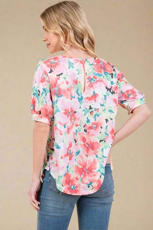 BOMBOM - Pastel Watercolor Floral Puff Sleeve Top