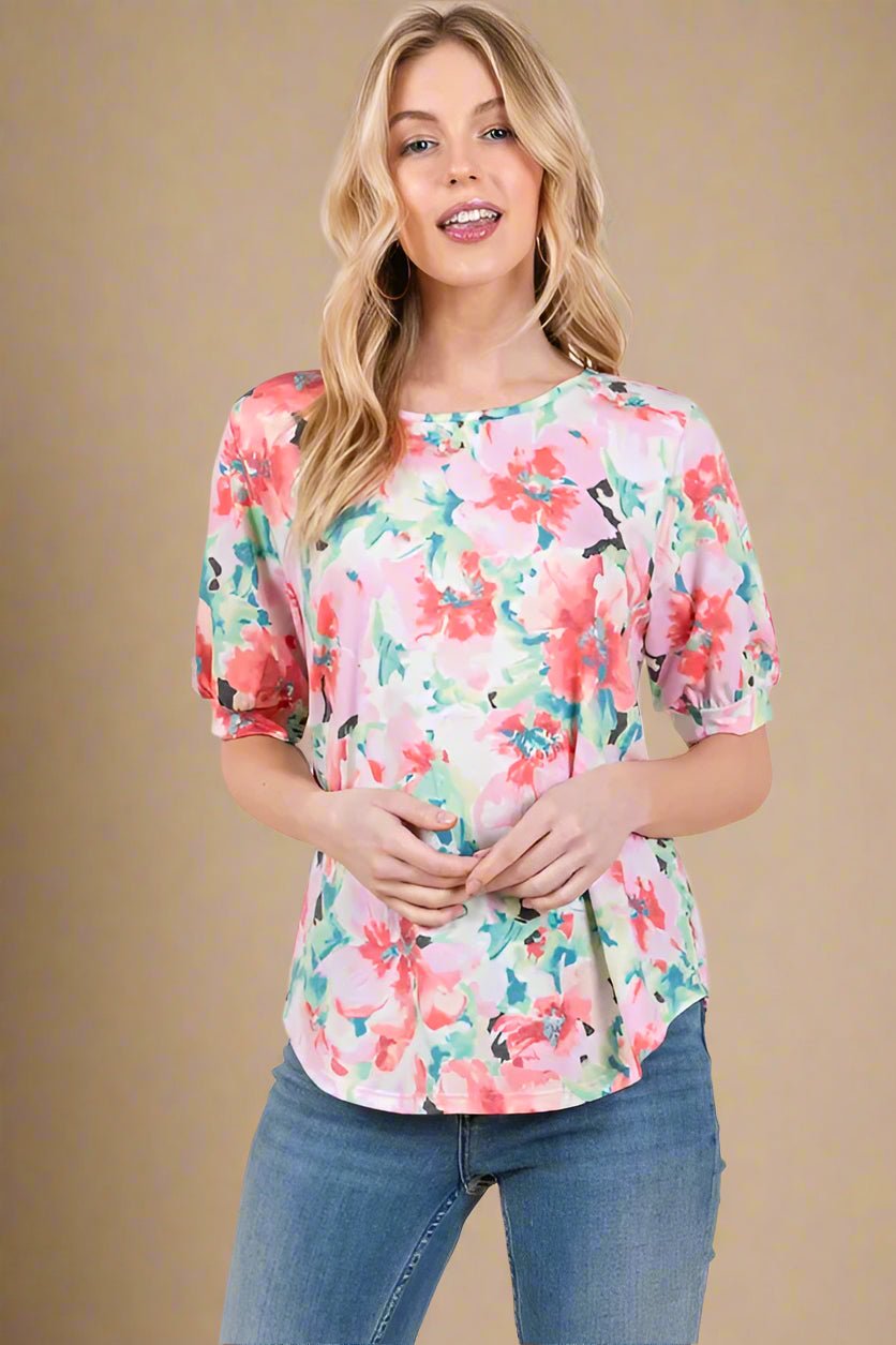 BOMBOM - Pastel Watercolor Floral Puff Sleeve Top